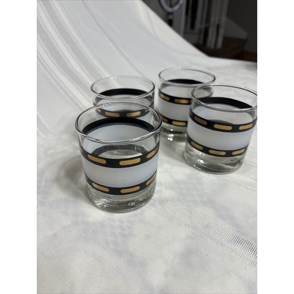 4 Vintage MCM Culver Bar Glasses Clear Satin Black Gold Banding 8 oz lowball